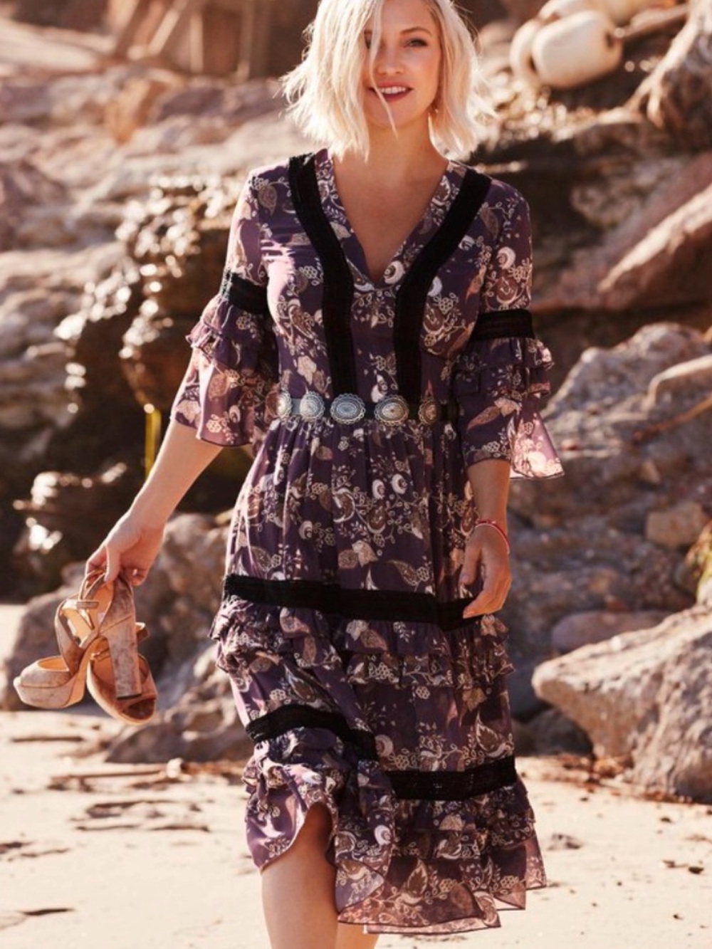 New York & Company Purple Floral Midi Dress with Black Trim